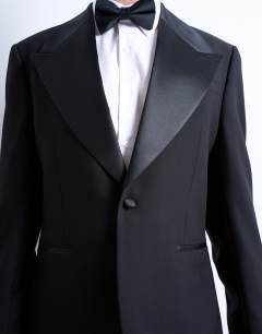 Model wearing Slim tux suit jacket in black