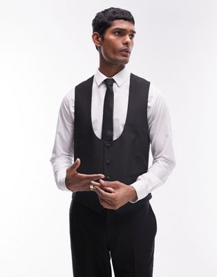 Topman Premium Wool Mix Slim Tuxedo Vest In Black