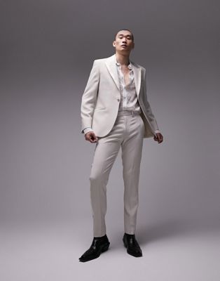 Topman slim tux with side stripe suit trouser in stone-Neutral