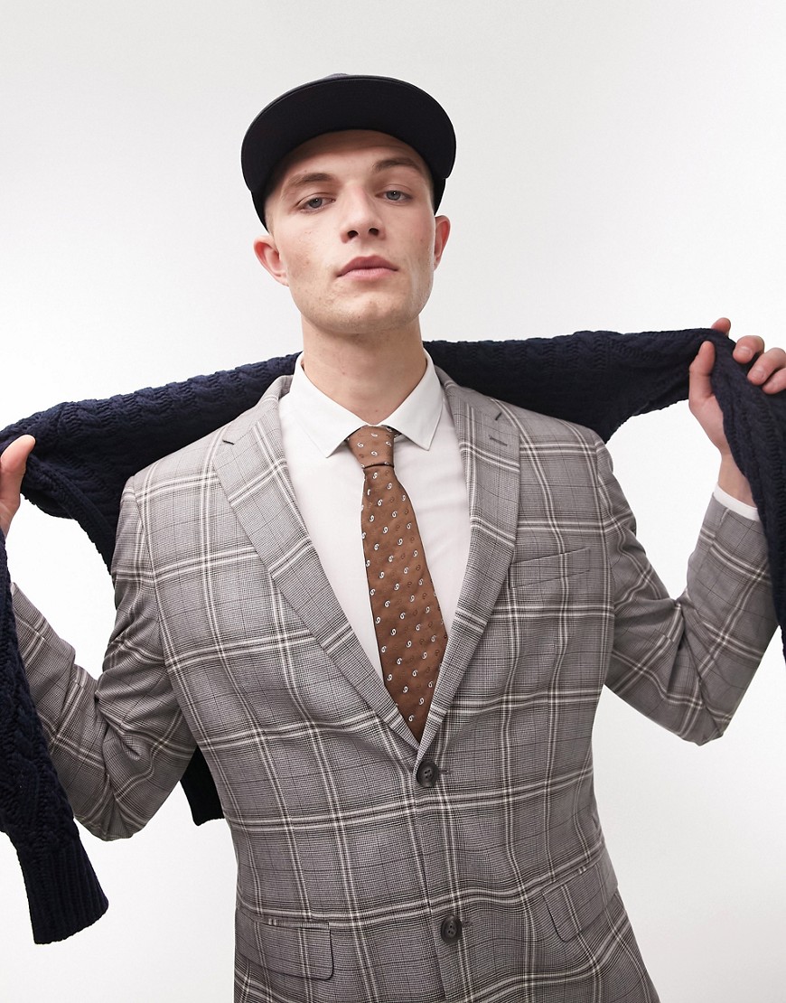 Topman slim two button check suit jacket in gray