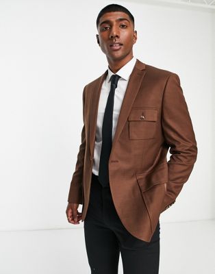 Topman slim utility blazer in dark brown - ASOS Price Checker