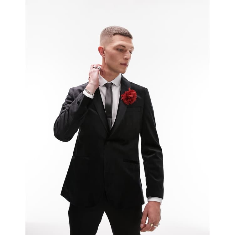 Topman slim velvet blazer in black ASOS
