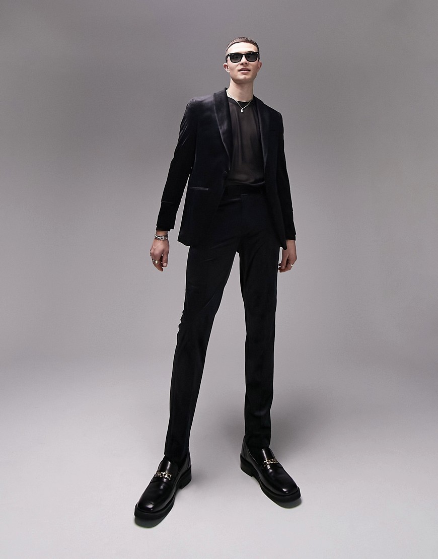 Topman slim velvet suit pants in black