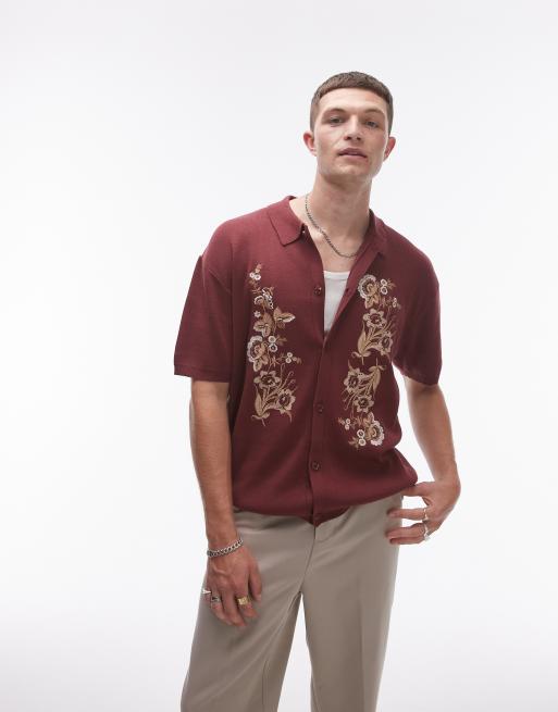 Topman – Śliwkowa dzianinowa koszula o luźnym kroju w haftowany kwiatowy wzór