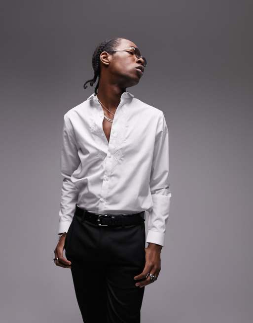 Topman - Smal overhemd met lange mouwen en geborduurde voorkant in wit