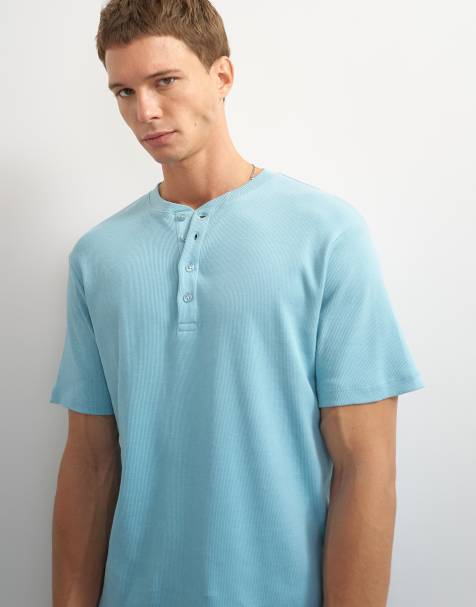 Topman smal ribbad henley-t-shirt i ljusblått - view 1