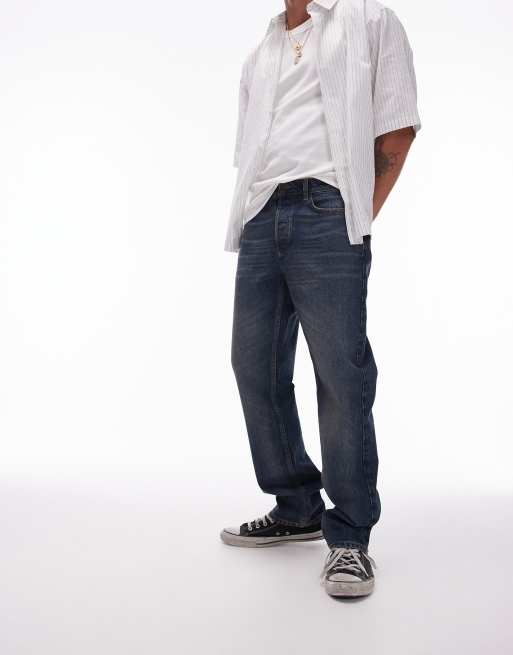 Topman - Smaltoelopende jeans in blauw met vintage donkere wassing
