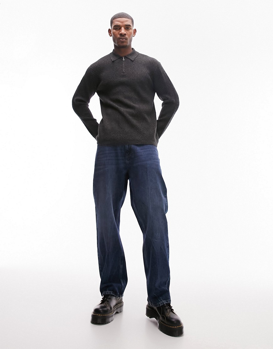 Topman Smart Chevron 1/4 Zip Sweater In Charcoal-gray