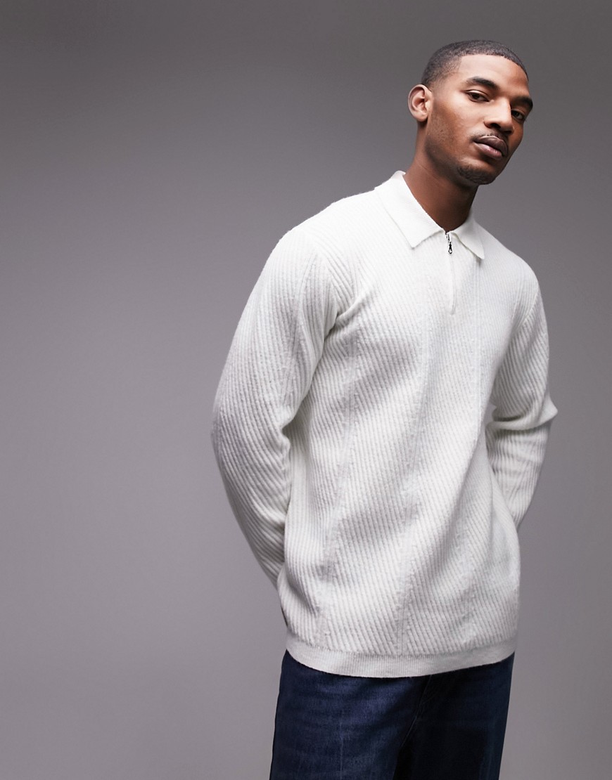 Shop Topman Smart Chevron Knit Zip Up Sweater In White