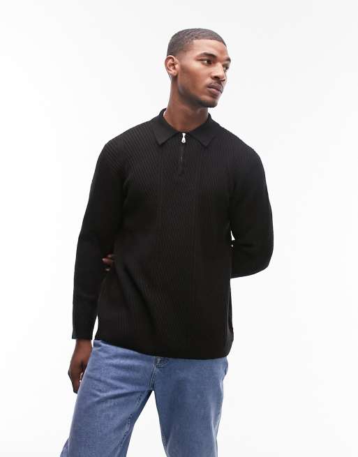 Topman smart chevron knitted 1 4 zip polo jumper in black
