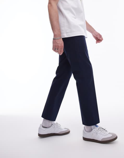 Topman smart compact cotton straight leg pants in navy - view 1