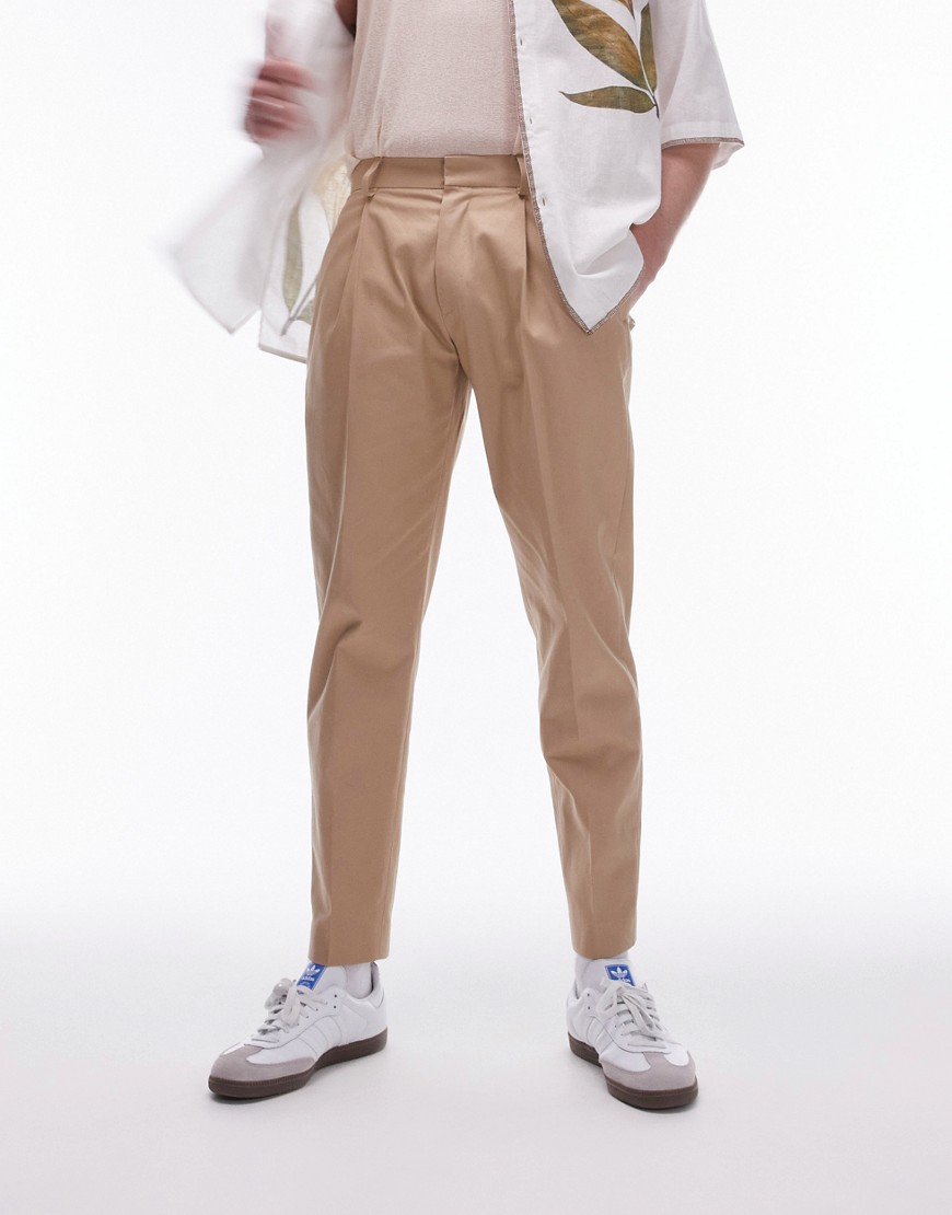 Topman smart compact cotton taper trouser in stone-Neutral