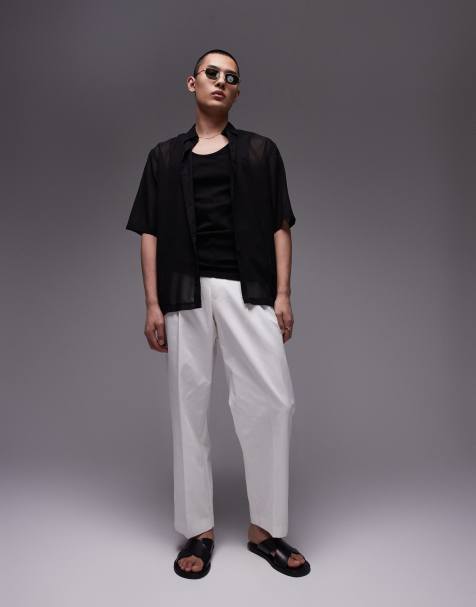 Topman smart compact cotton wide leg pants in ecru - view 1