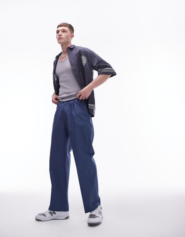 Topman - smart compact cotton wide leg trouser in navy