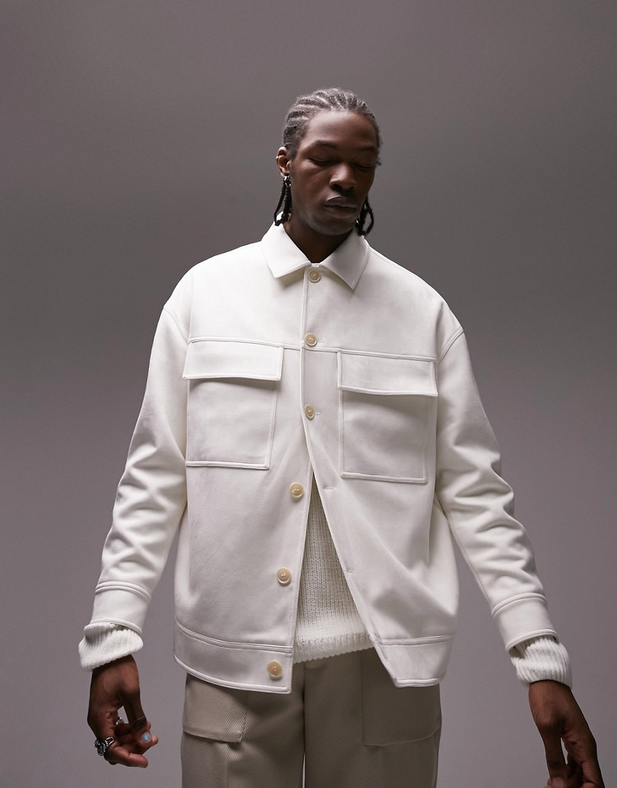 Topman smart faux suede jacket in ecru-White