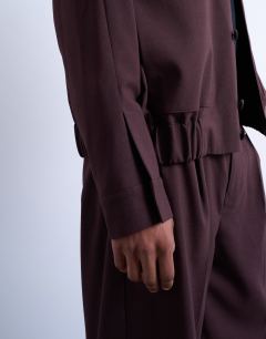 Model wearing Smart harrington jacket in burgundy