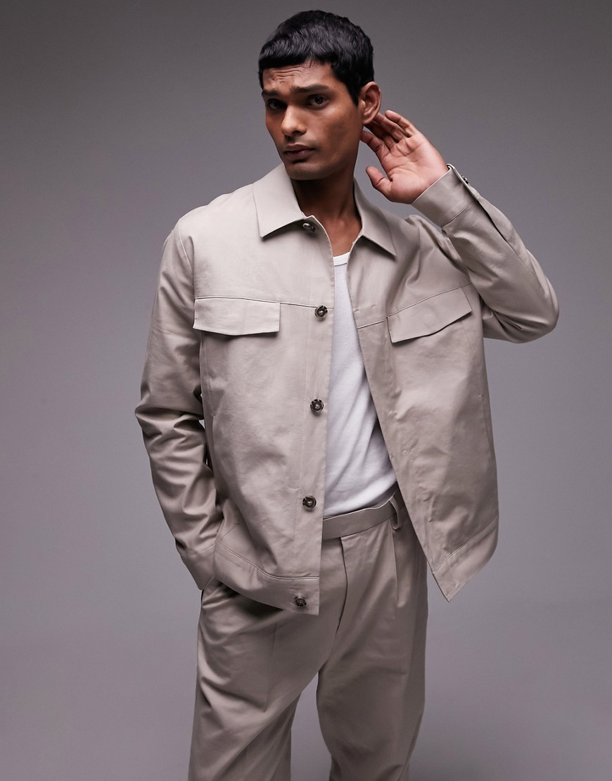 Topman smart harrington linen blend suit jacket in stone-Neutral