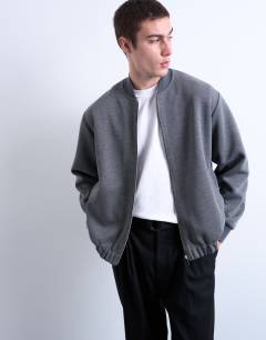 Model wearing Smart knitted bomber jacket in grey