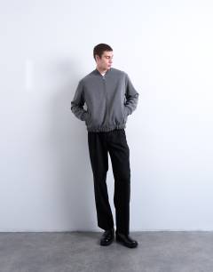 Model wearing Smart knitted bomber jacket in grey