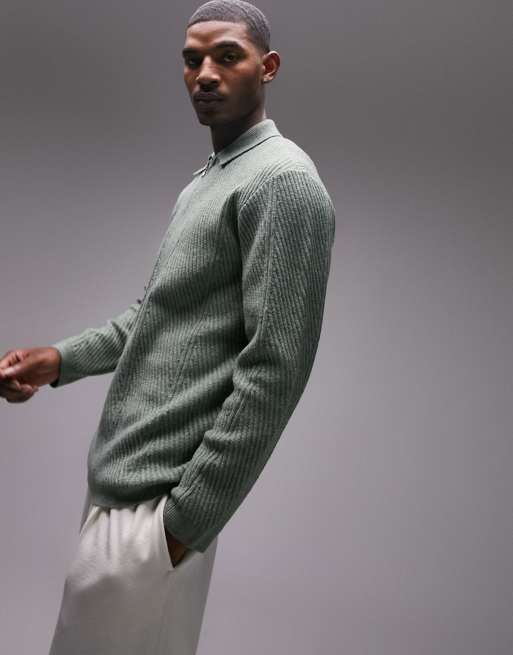 Topman smart knitted chevron 1/4 polo in sage, 4 of 4