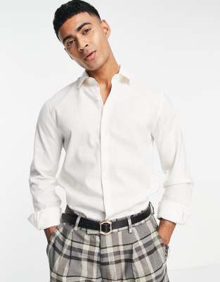 TOPMAN SMART LONG SLEEVE LINEN SHIRT IN WHITE