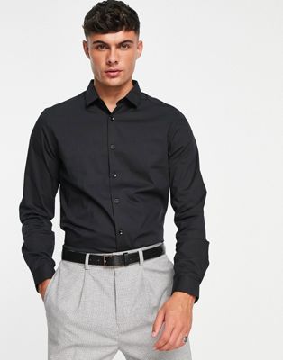 Topman long sleeve slim stretch smart shirt in black