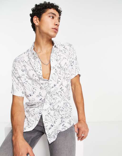 Topman smart short sleeve printed shirt in blue and white