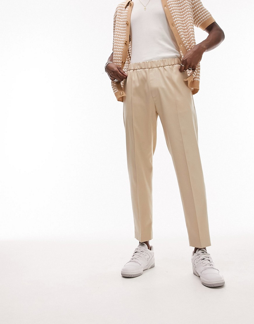 TOPMAN SMART TAPER PANTS WITH ELASTICATED WAISTBAND IN STONE-NEUTRAL