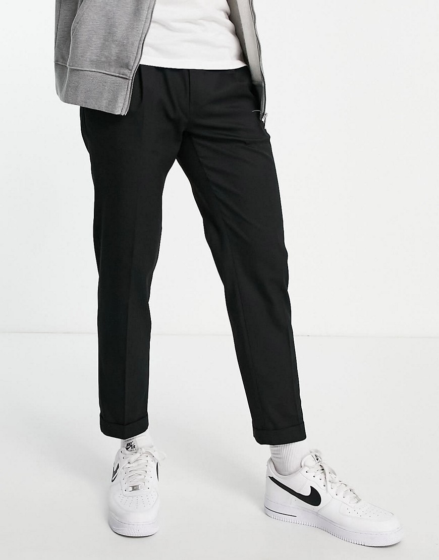 Topman smart tapered pants with turn up in black