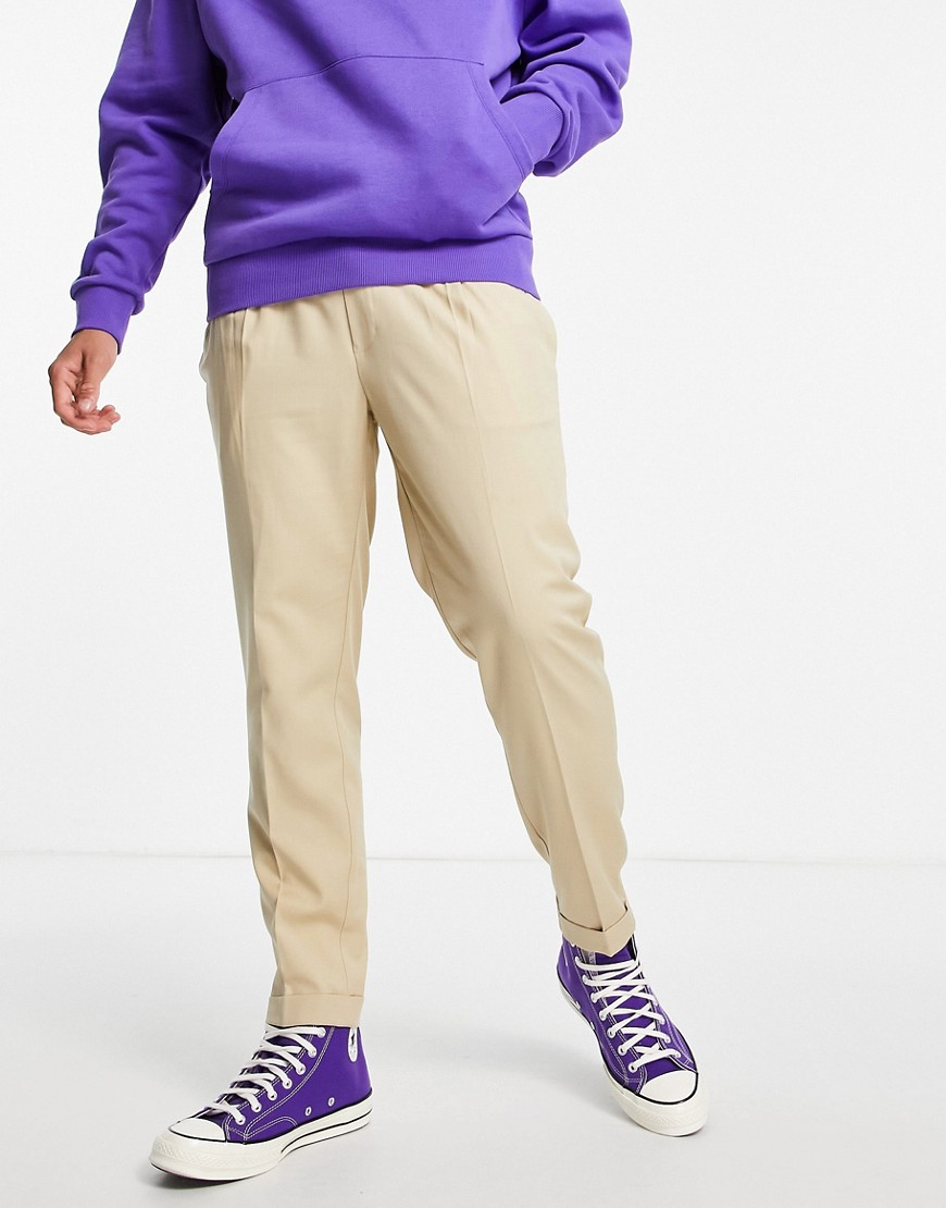 Topman smart tapered pants with turn up in ecru-White