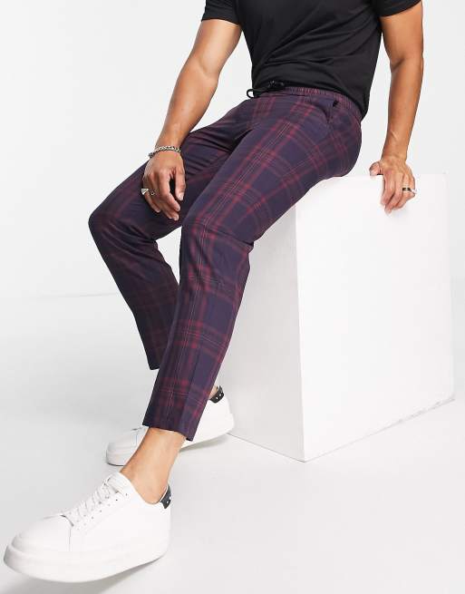 Topman smart trousers in navy & burgundy check