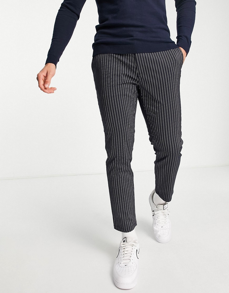 Topman smart trousers with elasticated waistband in navy pinstripe