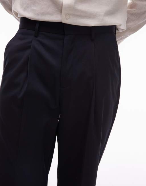 Topman smart wide leg pleated trousers in navy, 2 of 5