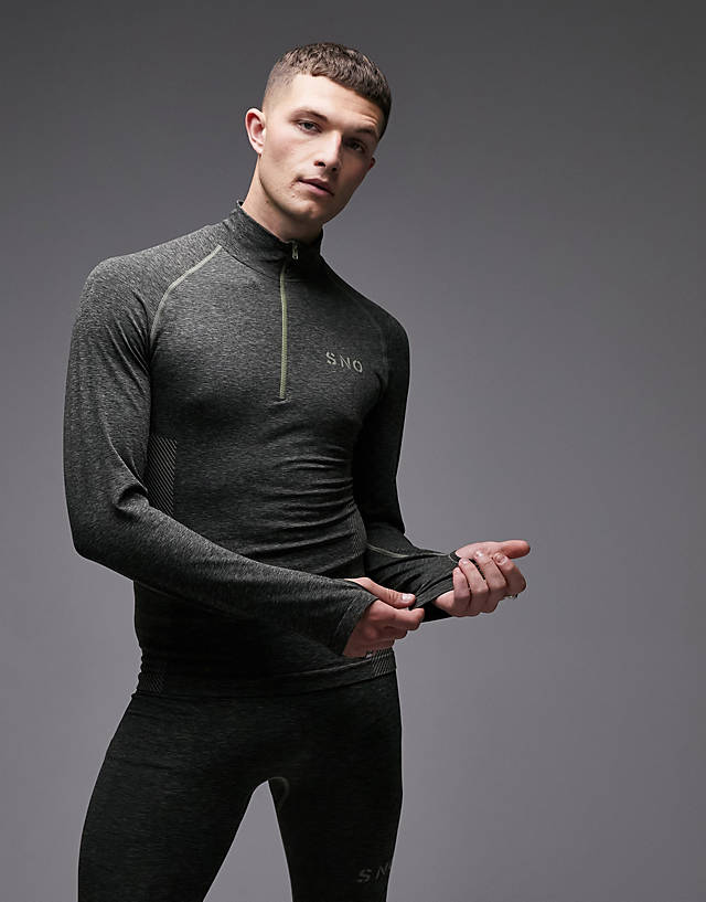 Topman - sno soft stretch zip through long sleeve seamless ski base layer top in khaki