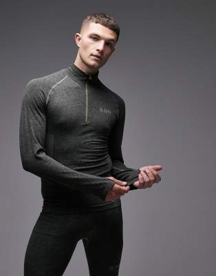 Topman Sno soft stretch zip through long sleeve seamless ski base layer top  in khaki