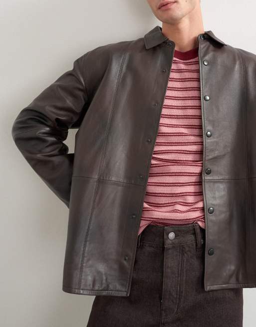 Topman sobracamisa de cuero auténtico de corte holgado en marrón chocolate, 3 de 5