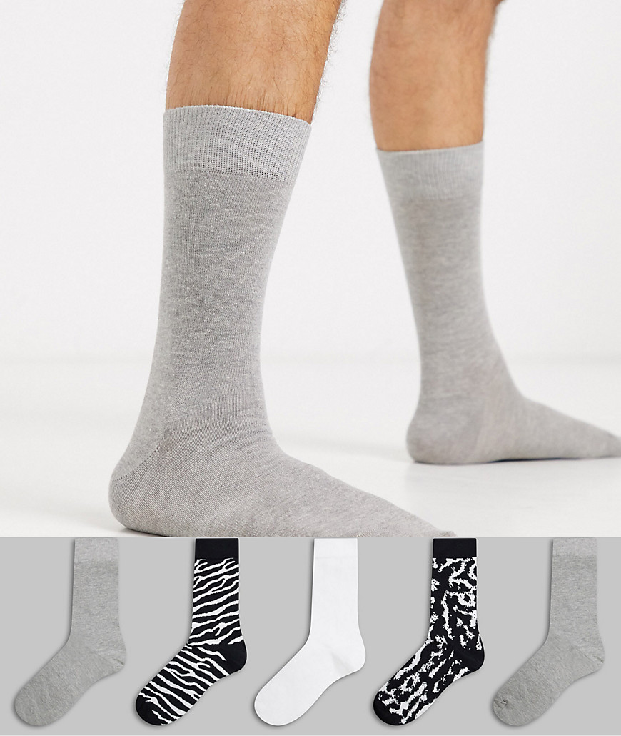 Topman sock 5 pack with animal print in multi-Black