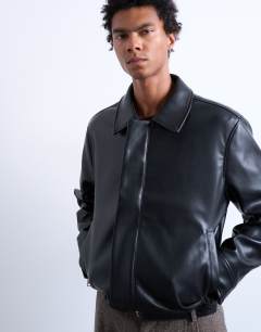 Model wearing Soft faux leather jacket in black