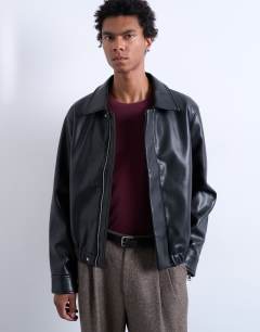Model wearing Soft faux leather jacket in black