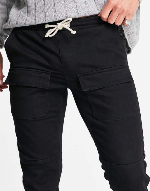 Topman soft touch denim cargo sweatpants in black , 3 of 4