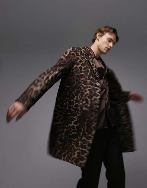 Topman - Soprabito taglio lungo marrone leopardato con lana