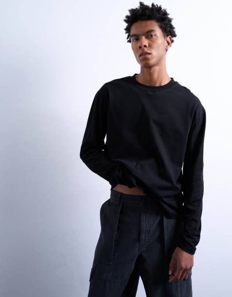 Topman - Sort afslappet cropped T-shirt med lange ærmer - view 1