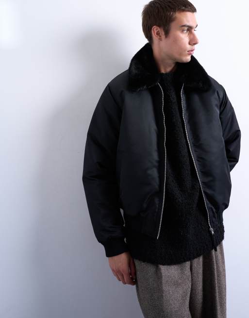 Topman - Sort bomber-jakke med imiteret pelskrave, 3 af 5