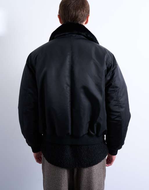 Topman - Sort bomber-jakke med imiteret pelskrave, 5 af 5