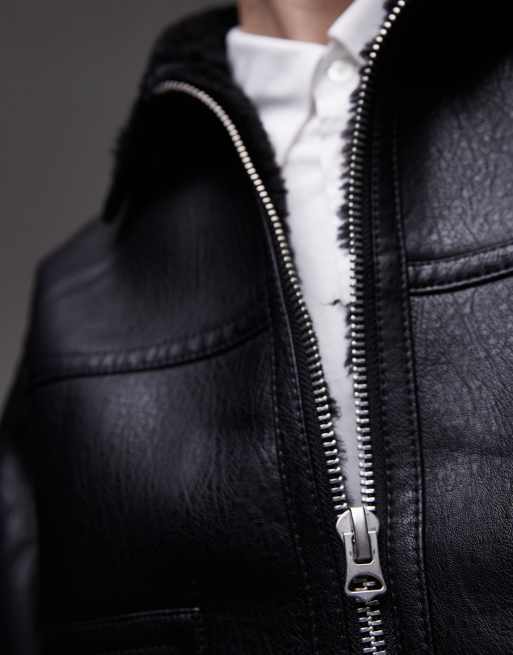 Topman - Sort jakke i imiteret læder med imiteret lammeskind og lomme detalje, 4 af 4