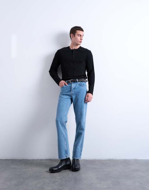 Topman - Sort langærmet ribstrikket henley-T-shirt, 4 af 5