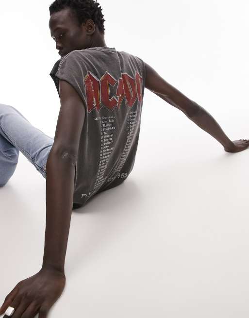 Topman - Sort og forvasket T-shirt i oversized pasform uden ærmer med AC/DC Tour-print foran og bagpå
