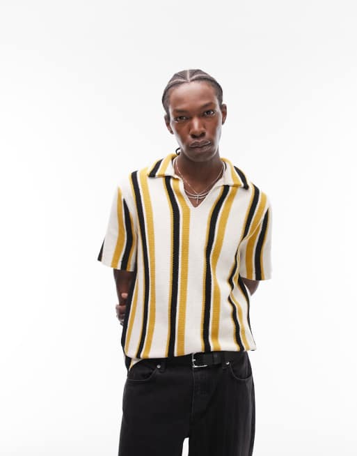 Topman - Sort og gul strikket polo med revers og striber