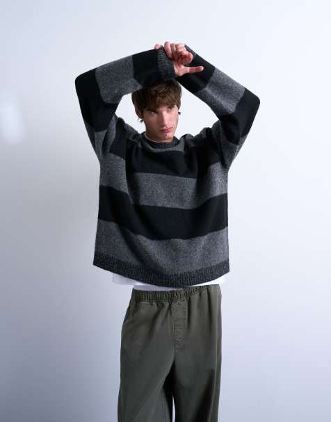 Topman - Sort og koksgrå trøje med rund hals og striber i regular fit - view 1