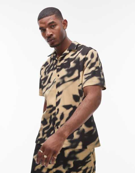 Topman - Sort og kortærmet skjorte med plisseringer og sløret print - Del af sæt - view 1